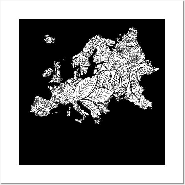 Mandala art map of Europe with text in white Wall Art by Happy Citizen
